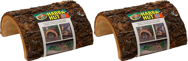 Two Zoo Med Habba Hut natural log reptile hideouts with bark exterior and hollow interior