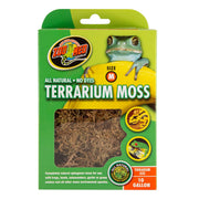 Zoo Med terrarium moss package showing green frog on yellow branch with moss visible through window