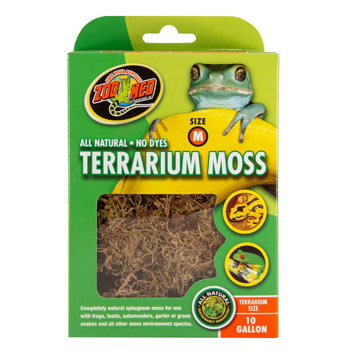 Zoo Med terrarium moss package showing green frog on yellow branch with moss visible through window