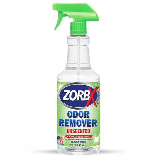 Clear spray bottle of ZORBX unscented odor remover with green trigger and label on white background